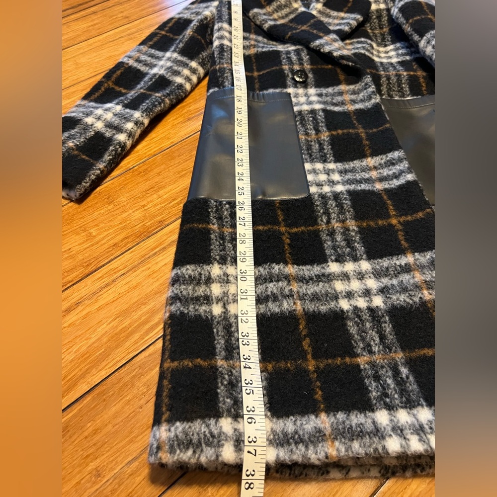 NWT Calvin Klein Plaid Faux-Leather-Pocket Walker Coat Wool Blend Black XXS - Picture 13 of 16